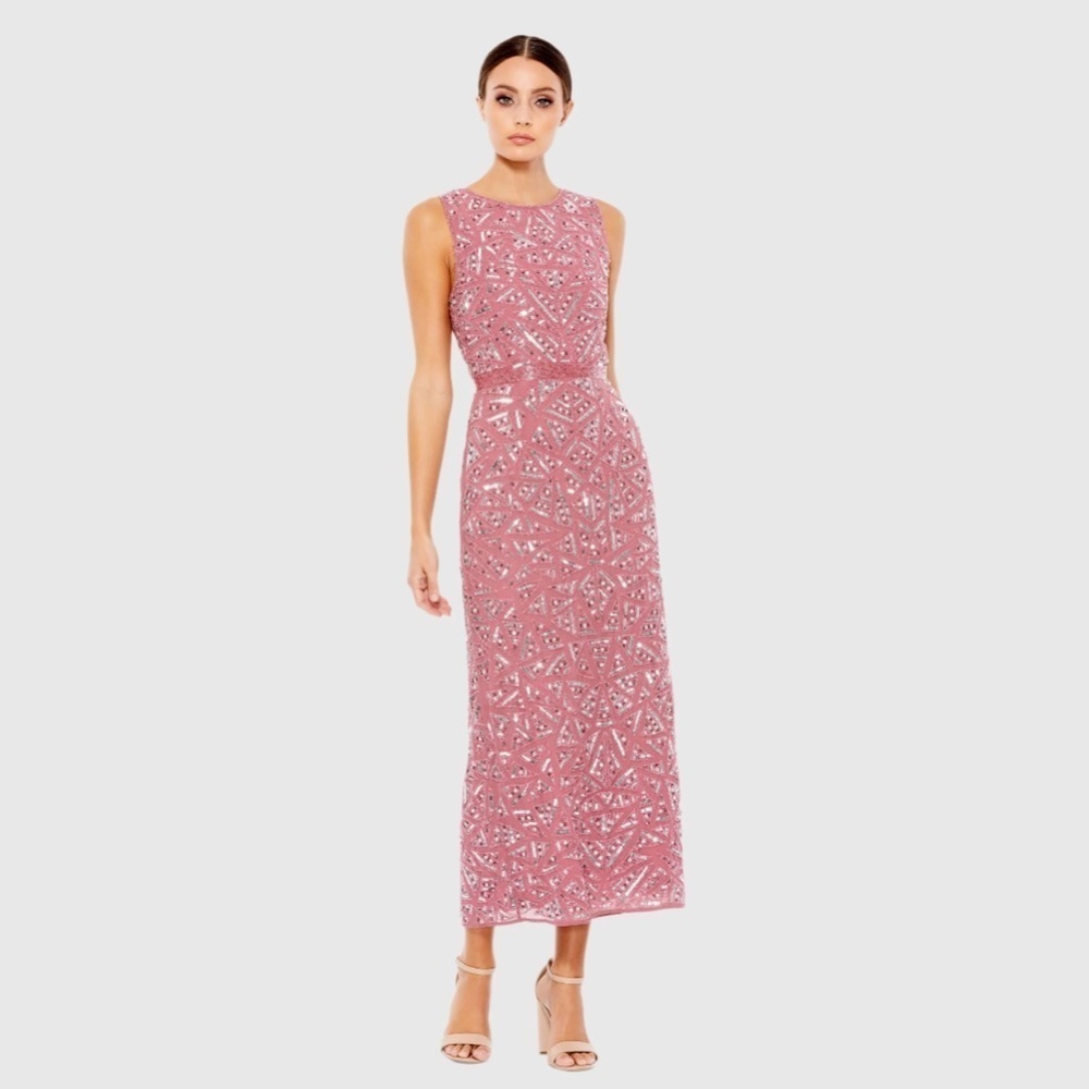 Mac Duggal 93550 NWT Pink Geometric Patterned Sequin Midi Dress
